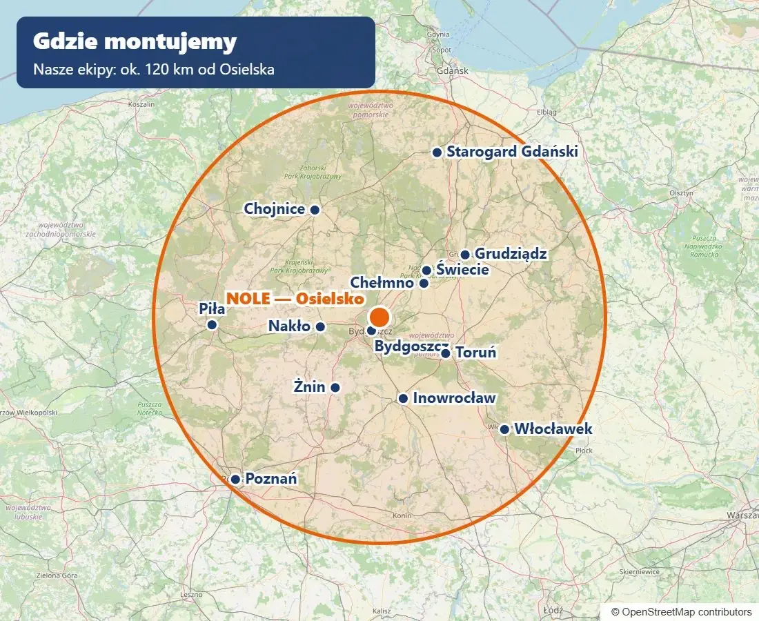 Mapa zasięgu ekip No Limits Energy, 120 km od Osielska: Bydgoszcz, Toruń i okolice